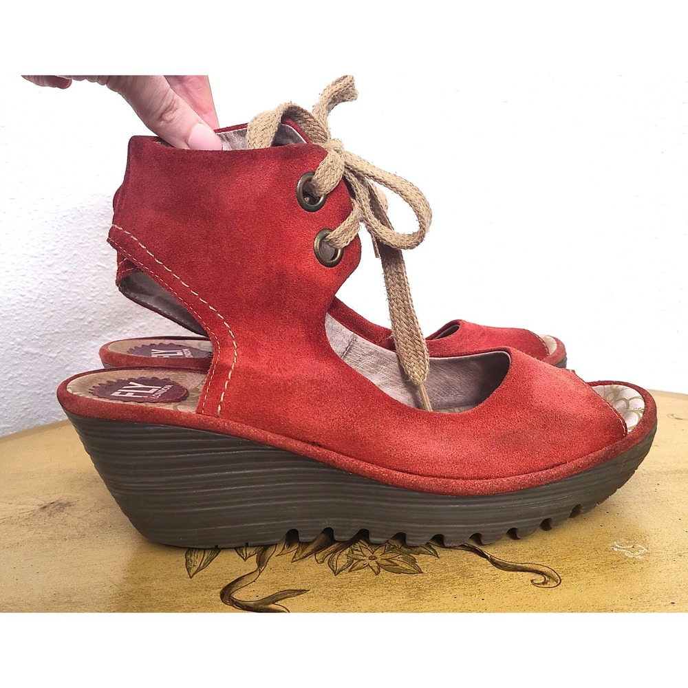 Fly London Yaffa EU 40 US 9 to 9.5 Red Suede Lace Up Wedge Platform Sandals - Picture 4 of 9